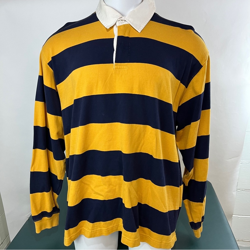 Eddie Bauer Rugby Shirt Size XL Blue Yellow Stripe Collared long sleeve